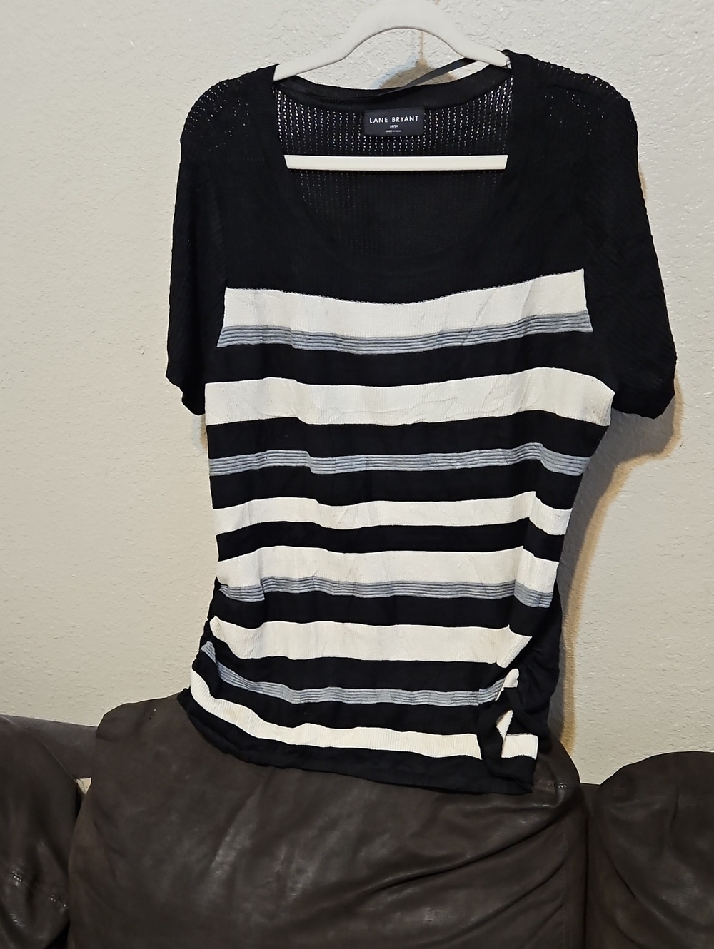 Lane Bryant Black & White Striped Scoop Neck Sweater With Side Ruching